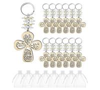 Lanko 20 PièCes BaptêMe Faveur Porte-CléS Croix en Bois Porte-CléS BaptêMe Bois Porte-CléS avec Sac pour Communion
