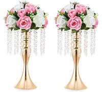 LANLONG 2PCS Acrylique Imitation Cristal Bougeoir Stand Or/Argent Fleur Vase Pièce maîtresse De Mariage en Plomb Route Chandelier pour la Décoration D'événement De Mariage (Or, 33cm)