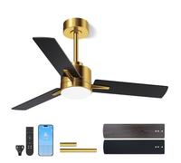 LANMEL Ventilateurs de plafond noirs et dorés de 106,7 cm avec lumières et télécommande, ventilateur de plafond moderne à profil bas à 6 vitesses avec moteur CC silencieux pour intérieur ou extérieur