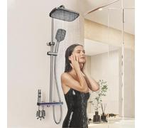 LANMOU Colonne de Douche avec Mitigeur, Colonne Douche avec LED Température, Douche Pluie 30x20cm ＆ Réglable 80-120cm, Douchette à Main 3 Modes, Laiton & Acier Inoxydable(Anti-Calcaire), Gris