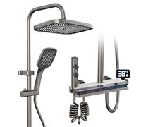 LANMOU Colonne de Douche avec Mitigeur, Ensemble de Douche avec Température, Tête de Douche 30x20cm ＆ Réglable Hauteur, Douchette à Main 3 Modes, Laiton & Acier Inoxydable, Gris