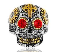 l'anneau, Bague croix punk en acier inoxydable avec yeux zircon cubique vert/rouge, bijou vintage motard for hommes et femmes(Red Gem,Q)