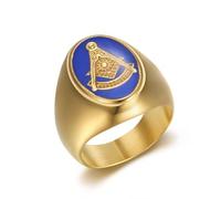l'anneau, Bague maçonnique ovale de luxe en émail bleu, symbole la protection divine | Bijou d'inspiration(Gold,S)