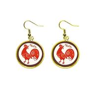 l'année du coq, la chine rouge animaux du zodiaque Oreille balancent or goutte boucle d'oreille bijoux femme