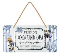 LANOLU Plaque en tôle rétro avec inscription « Oma und Opa Pension » à suspendre, idée cadeau amusante pour grands-parents des petits-enfants, estampée avec cordon de jute, 16 x 32 cm