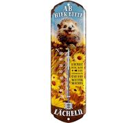 LANOLU Thermomètre Ab Hier lächeln, hérisson, panneau de jardin extérieur, décoration de jardin vintage, plaque en tôle rétro, Chill Lounge Décoration de jardin - Plaque murale en métal 8 x 28 cm
