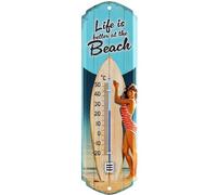 LANOLU Thermomètre rétro en tôle avec inscription « Life is better at the beach », décoration de jardin, de piscine et de piscine, cadeau de camping, thermomètre analogique 8 x 28 cm