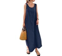 LANOMI Robe d'été pour femme en coton et lin - Robe longue sans manches - Couleur unie - Robe de plage ample avec poches, bleu foncé, XXL