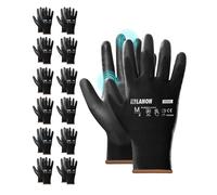 LANON 12 Paires Gants de Travail, Gants de Mécanique pour Hommes, Enduits de PU, Gant Tricoté sans Couture, EN 388, Noir, M/8