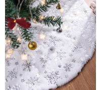 Lanpn Jupe de sapin de Noël en velours hollandais avec flocon de neige à paillettes argentées, 180cm, blanche, peluche, fausse fourrure, pour sapin de Noël, vacances, décoration de fête