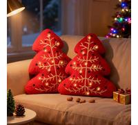 Lanpn Lot de 2 Pièces Lumineux Coussin Sapin de Noël, Coussin Décoratif de Noël Coussins d'hiver avec Boîtier à Piles pour Salon Chambre Canapé Lit (Rouge, 43x48,5cm)