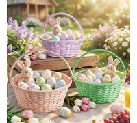 Lanpn Lot de 3 Paniers de Pâques en Rotin Synthétique Imperméable Grand Moyen Petit avec Raphia pour Chasse aux Œufs Bonbons Décoration Pastel (Rose Vert Violet)