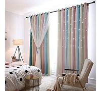 Lanqinglv 2 Panneaux Rideaux Occultant Étoiles Rose Bleu Jaune Rideaux avec Voilages Double Rideaux Décoration du Maison Chambre Enfants Filles,Thermique et Intimité (L 132 x H 243 cm)