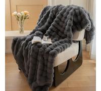 Lanqinglv - Couverture douillette moelleuse - 220x240 cm - Grise - En fausse fourrure de lapin - Plaid épais en flanelle - Couverture de canapé - Chaude - Couvre-lit - Couverture de canapé - Pour lit