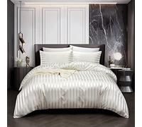 Lanqinglv Luxe Housse de Couette Satin 200 x 200 cm Blanc Rayures avec 2 Taies d'oreiller 65x65cm Parure de Lit Adulte Ado 2 Personnes Linge de Lit Satin de Soie Soyeux Brillante avec Fermeture Éclair