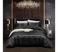 Lanqinglv Luxe Housse de Couette Satin 200 x 200 cm Noir Rayures avec 2 Taies d'oreiller 65x65cm Parure de Lit Adulte Ado 2 Personnes Linge de Lit Satin de Soie Soyeux Brillante avec Fermeture Éclair