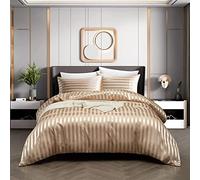 Lanqinglv Luxe Housse de Couette Satin 220 x 240 cm Kaki Rayures avec 2 Taies d'oreiller 65x65cm Parure de Lit Adulte Ado 2 Personnes Linge de Lit Satin de Soie Soyeux Brillante avec Fermeture Éclair