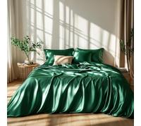 Lanqinglv Luxe Housse de Couette Satin 220 x 240 cm Vert foncé avec 2 Taies d'oreiller 65x65cm Unie Parure de Lit Adulte 2 Personnes Linge de Lit Satin de Soie Soyeux Brillante avec Fermeture Éclair