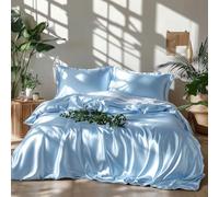 Lanqinglv Luxe Housse de Couette Satin 240 x 260 cm Bleu avec 2 Taies d'oreiller 65x65cm Unie Parure de Lit Adulte Ado 2 Personnes Linge de Lit Satin de Soie Soyeux Brillante avec Fermeture Éclair