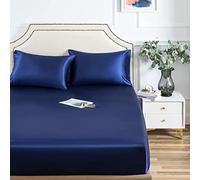 Lanqinglv Satin Drap Housse 140x200 cm Bonnet 30 cm Bleu Marine - élastique Drap Housse 2 Personnes Soyeux Soie Brillant Housse de Matelas l'été Doux Protège Matelas
