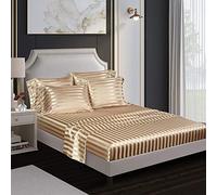 Lanqinglv Satin Drap Housse 140x200 cm Bonnet 30 cm Kaki Beige Rayures - élastique Drap Housse 2 Personnes Soyeux Soie Brillant Housse de Matelas l'été Doux Protège Matelas
