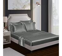 Lanqinglv Satin Drap Housse 160x200 cm Bonnet 30 cm Gris Rayures - élastique Drap Housse 2 Personnes Soyeux Soie Brillant Housse de Matelas l'été Doux Protège Matelas