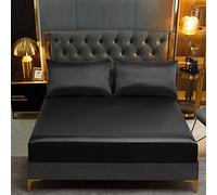 Lanqinglv Satin Drap Housse 160x200 cm Bonnet 30 cm Noir - élastique Drap Housse 2 Personnes Soyeux Soie Brillant Housse de Matelas l'été Doux Protège Matelas