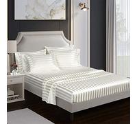 Lanqinglv Satin Drap Housse 180x200 cm Bonnet 30 cm Blanc Rayures - élastique Drap Housse 2 Personnes Soyeux Soie Brillant Housse de Matelas l'été Doux Protège Matelas