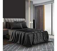 Lanqinglv Satin Drap Housse 180x200 cm Bonnet 30 cm Noir Rayures - élastique Drap Housse 2 Personnes Soyeux Soie Brillant Housse de Matelas l'été Doux Protège Matelas