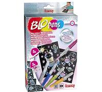 Lansay - BLOPENS - Mes Couleurs Métalliques - 5 Feutres de Coloriage À Souffler Avec 5 Pochoirs Réutilisables - Idée Cadeau Enfants dès 5 Ans - Kit Création Dessins Licornes & Sirène dans l'Espace