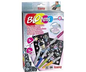 Lansay - BLOPENS - Mes Couleurs Métalliques - 5 Feutres de Coloriage À Souffler Avec 5 Pochoirs Réutilisables - Idée Cadeau Enfants dès 5 Ans - Kit Création Dessins Licornes & Sirène dans l'Espace