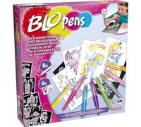 Lansay BLOPENS - Set Activités Féeriques - Feutres de Coloriage À Souffler avec Pochoirs Réutilisables - Idée Cadeau Enfants dès 5 Ans - Kit Création Dessins Fées, Licornes & Sirènes Pailletées