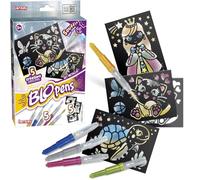 Lansay | BLOPENS SET METALLIC | Kit Créatif Enfants avec 5 Feutres Souffleurs Métalliques + Pochoirs Réutilisables + Feuilles Noires | Effet Aérographe Magique | Dessin Brillant 5 Ans et +
