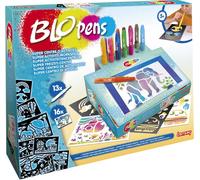 Lansay BLOPENS - Super Centre d'Activités - Atelier de Dessins et Coloriages Blopens pour Enfants dès 5 Ans - 13 Feutres À Souffler avec Pupitre & 16 Pochoirs & 16 Feuilles de Dessin - Idée Cadeau