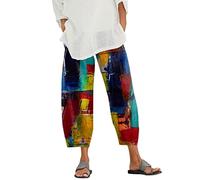 LANSKIRT Pantalon Fluide Femme Été Grande Taille Élastiquée Taille avec Poches Pantalon 7/8 Pantacourt Été Léger Pants de Plage imprimé Pantacourt Sarouel Lâche Mode Trousers