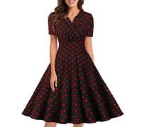 LANSKIRT Robe Rétro Vintage Femme Année 40 50 60 Une Ligne De Cocktail BalançOire Imprimée avec Ceinture Plissé Manches Courtes pour Mariage Invité