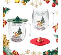 LANSKYLAN 2 Pcs Tasse de Noël en Verre, Mug de Noël à Double Paroi, Verre Noël 250 ml, Mug Chocolat Chaud Noel Transparente, Tasses à Expresso de Noël avec Couvercle, pour Café Thé Lait Cappuccino