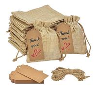 LANSKYLAN 50 Pcs Petit Sac en Toile de Jute 10x12 cm avec Étiquettes - Pochon Lin à Cordon de Serrage - Pochette Cadeau Tissu pour Mariage, Baptême, Bijoux, Lavande