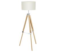Eglo Lampadaire trépied Lantada, lampe à poser vintage, luminaire salon sur pied en bois, acier et textile, nature et beige, avec interrupteur à pied, certifié FSC, douille E27