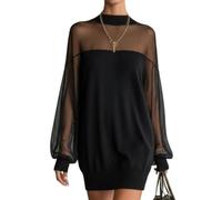 Lantern-Sleeve-Solid-Color-Patchwork-Dress Spring Fall Mesh See Through Patchwork Mesh-Sleeve Paneled Dress (Black,M)
