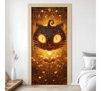 Lanterne Citrouille Chat Autocollant de Porte 3D, Halloween Papier Peint de Porte Vinyle Auto-Adhésif Amovible, Sticker Mural Étanche, pour Chambre Salon Cuisine Salle de Bain, 85 x 215 cm L4E266