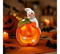 Lanterne citrouille décorative d'Halloween - En céramique - Décoration citrouille avec visage fantôme - Décoration d'automne - Photophore - Lanterne citrouille - Lumières LED pour l'intérieur et