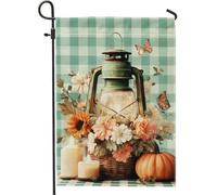 Lanterne d'automne florale pour jardin, vichy vert, tournesols et papillons, bannière de décoration d'intérieur, drapeau de cour double face en toile de jute, décoration de pelouse extérieure