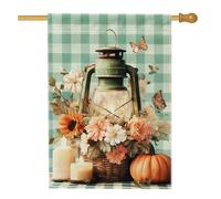 Lanterne d'automne florale pour jardin, vichy vert, tournesols et papillons, bannière de décoration d'intérieur, drapeau de cour double face en toile de jute, décoration de pelouse extérieure