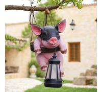 Lanterne de jardin en forme de cochon à suspendre - Lampe solaire - Statue décorative en forme d'animal avec corde