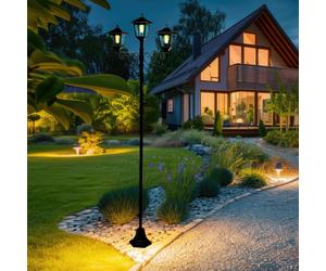 Lanterne de jardin grande pour candélabre extérieur 3 flammes lanterne extérieure solaire sur pied extérieur, aluminium fer noir, LED blanc chaud, H 194 cm