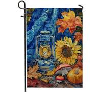 Lanterne de tournesol d'automne pour jardin, bannière de décoration extérieure avec feuilles d'automne bleues, drapeau de cour double face en toile de jute, décoration de fête de Thanksgiving 30,5 x