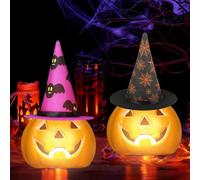 Lanterne décorative pour Halloween - Citrouille - Lanterne décorative avec chapeau de sorcière - Décoration intérieure - Lampe LED citrouille étanche avec visage - Pour décoration de table - Violet +