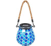 Lanterne en mosaïque extérieur, lanternes ovales en verre bleu lanternes suspendues extérieures, lampe de table imperméable rechargeable, lumière de nuit en mosaïque avec corde suspendue pour