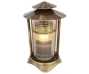 Lanterne funéraire en métal ronde avec Bougie LED de 21 cm (lanterne : Bronze - Verre : bronze).